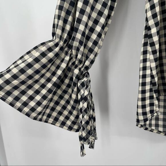143 STORY by LINEUP Blouse Buffalo Check Ruffle Sleeves Ties Black SZ Small - Picture 7 of 9